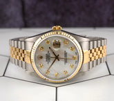 Rolex Datejust 36mm 18k YG & Steel Fluted White Mop Diamond Dial Watch 16013